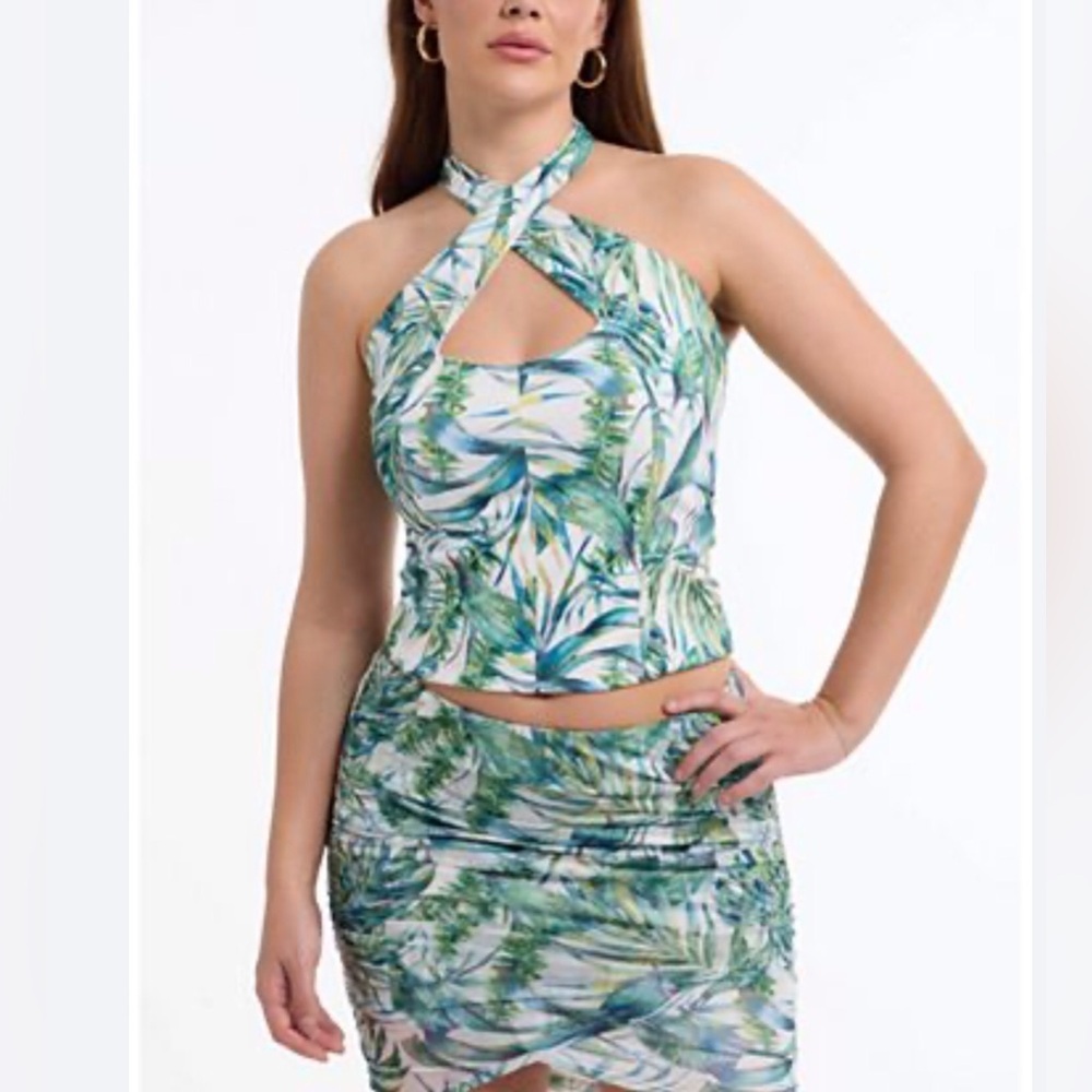 bebe Tropical Green Halter Skirt Set 2 Piece  Set